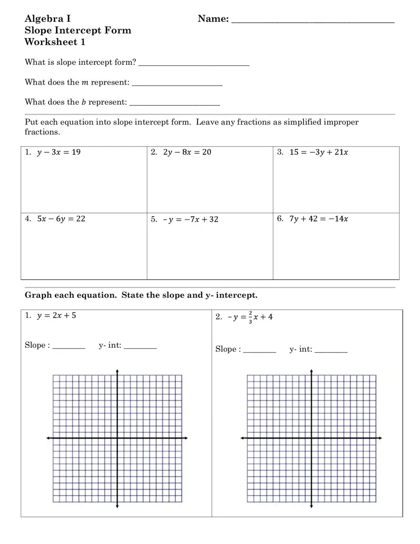 Algebra 1 Slope Intercept Form first page preview