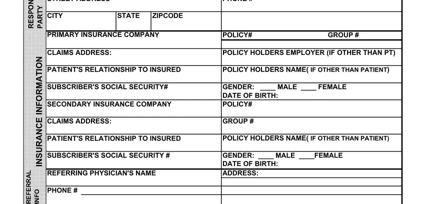 ccf demographic e forms 2 hour online orientation STREET ADDRESS, PHONE, CITY, STATE, ZIPCODE, PRIMARY INSURANCE COMPANY, POLICY, GROUP, CLAIMS ADDRESS, POLICY HOLDERS EMPLOYER IF OTHER, PATIENTS RELATIONSHIP TO INSURED, POLICY HOLDERS NAME IF OTHER THAN, SUBSCRIBERS SOCIAL SECURITY, SECONDARY INSURANCE COMPANY, and GENDER MALE FEMALE DATE OF BIRTH blanks to fill